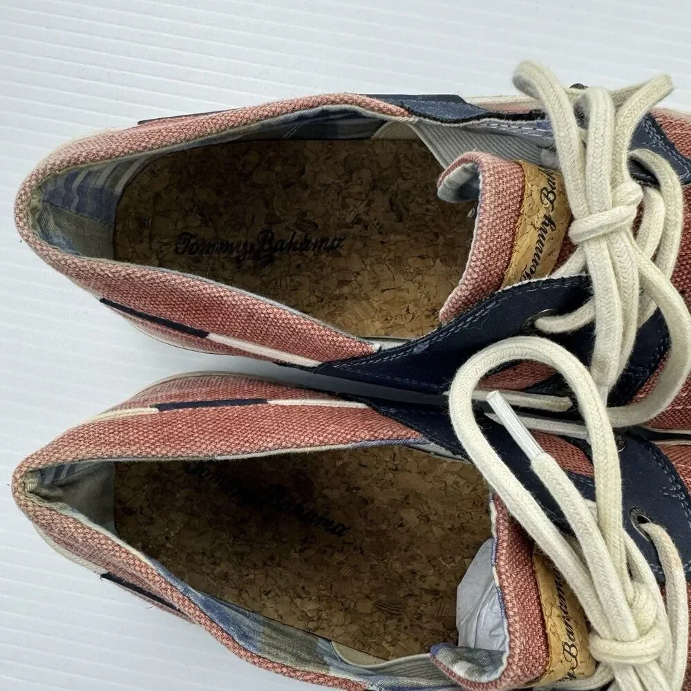 Tommy Bahama Asunder Stripes Canvas Boat Shoes Red Blue Men 10.5 Deck Nautical